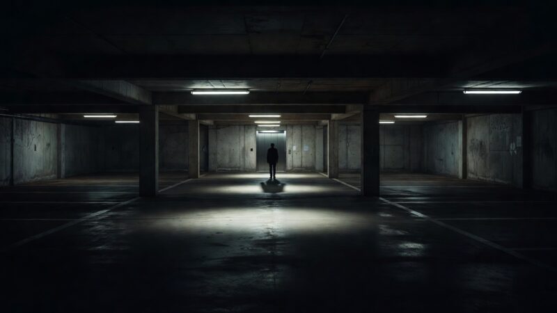 Solitary figure waiting by elevator in underground parking garage