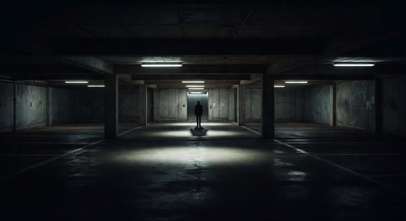Solitary figure waiting by elevator in underground parking garage