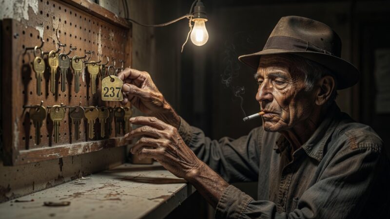 Motel clerk selecting room key 237 from pegboard behind reception desk