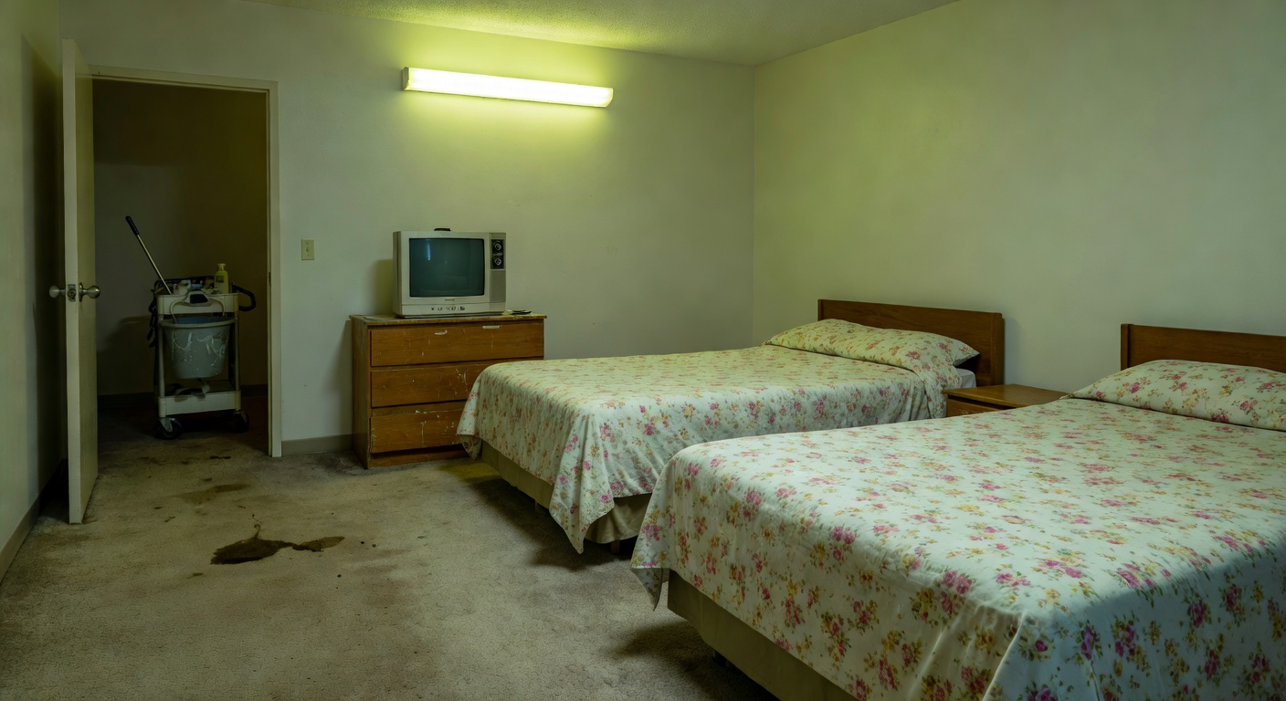 Dingy motel room interior with stained carpet and maintenance cart visible in hallway