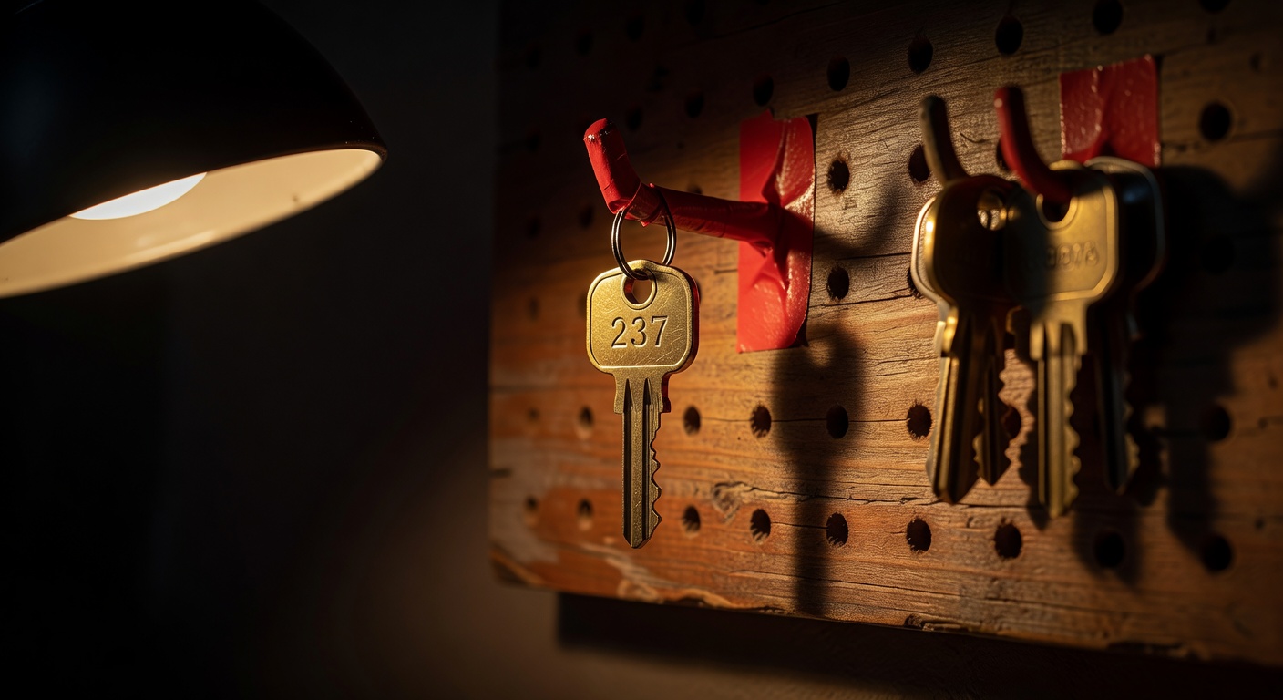 Room 237 key hanging on red-taped hook, isolated from other keys