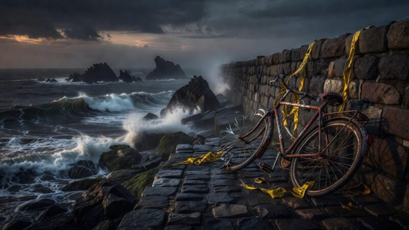 Damaged bicycle against seawall with ocean waves in background