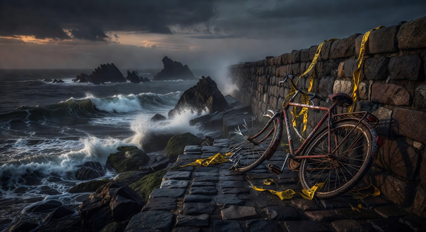Damaged bicycle against seawall with ocean waves in background
