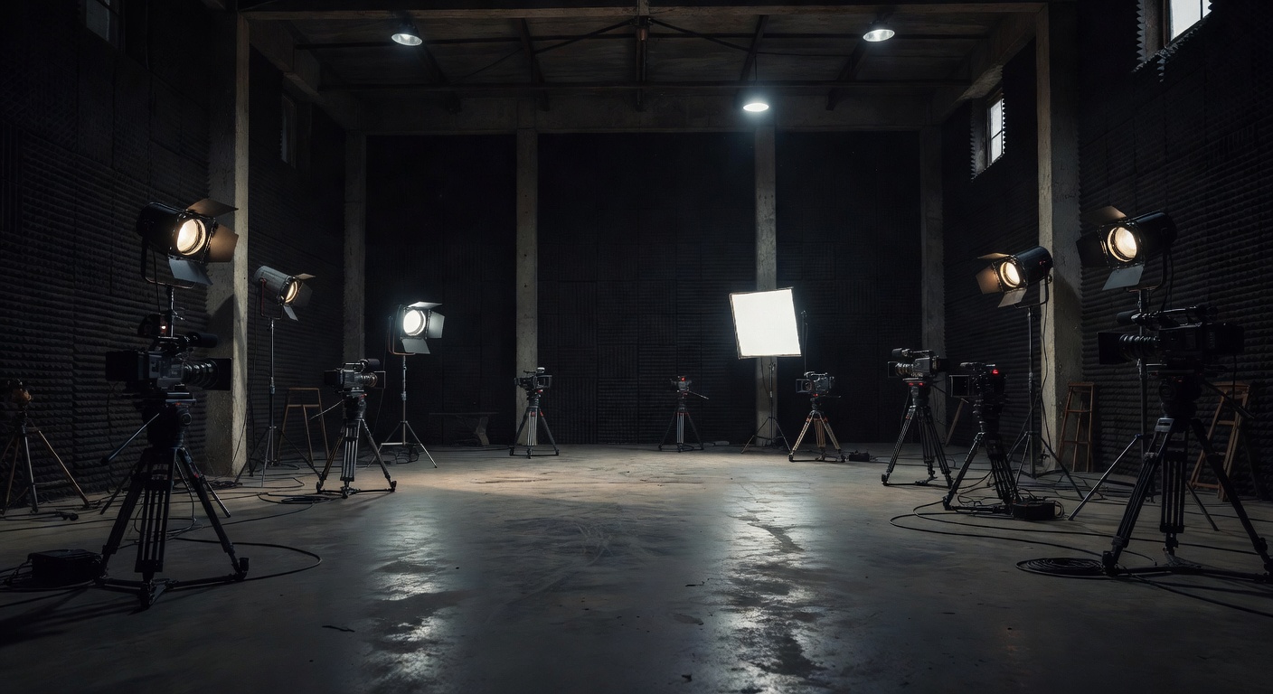 Empty warehouse studio with film equipment in sinister lighting