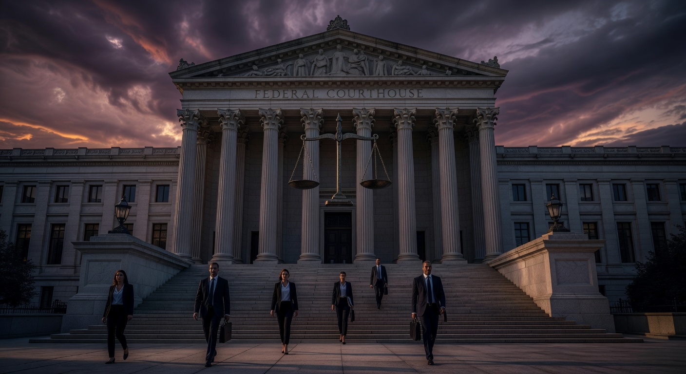 Federal courthouse at dusk during trial proceedings