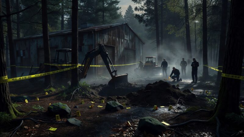 Crime scene excavation in wooded area with investigation equipment