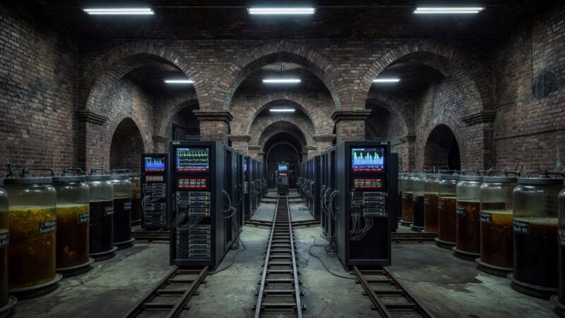 Underground Victorian chamber filled with servers and storage tanks for harvesting employee stress hormones