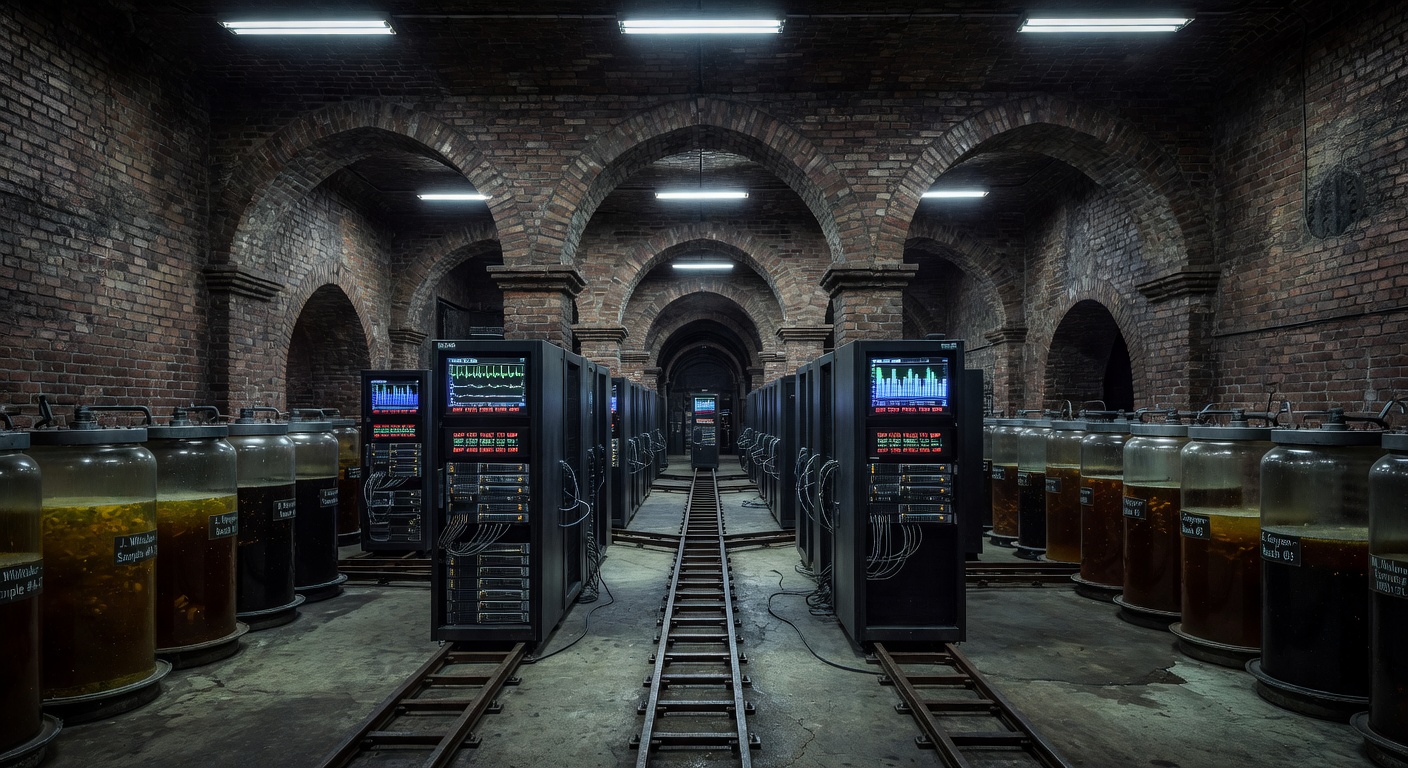 Underground Victorian chamber filled with servers and storage tanks for harvesting employee stress hormones