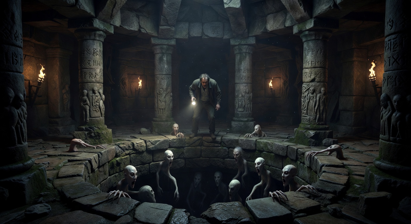 Man with flashlight facing creatures emerging from underground well