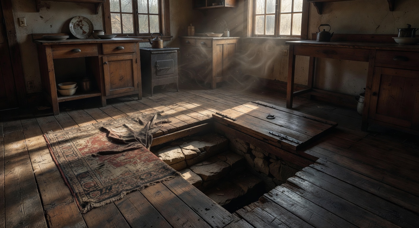Hidden trapdoor in kitchen floor revealing stone steps into darkness