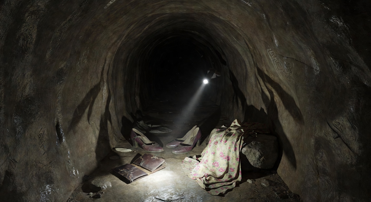 Underground stone tunnel with abandoned personal belongings illuminated by flashlight