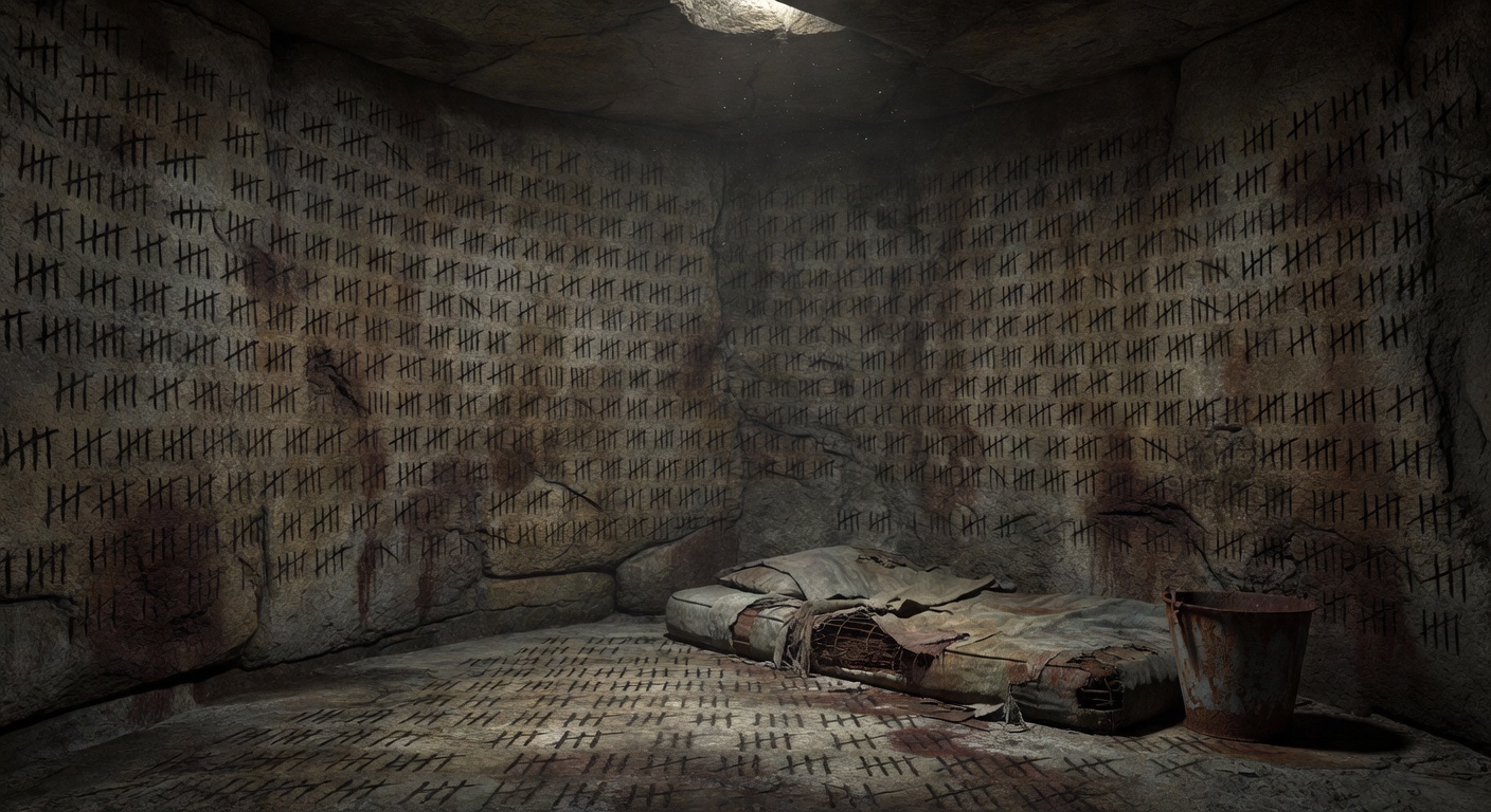 Stone prison cell wall covered in thousands of carved tally marks