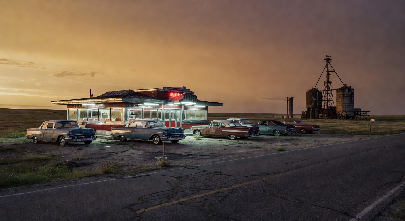 An eerie small-town diner glowing with artificial light against a desolate prairie landscape