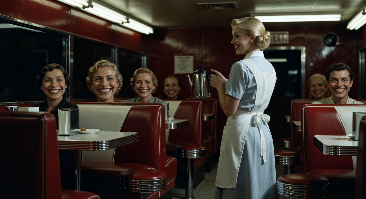 Interior of an unnaturally perfect diner with customers displaying identical, disturbing smiles