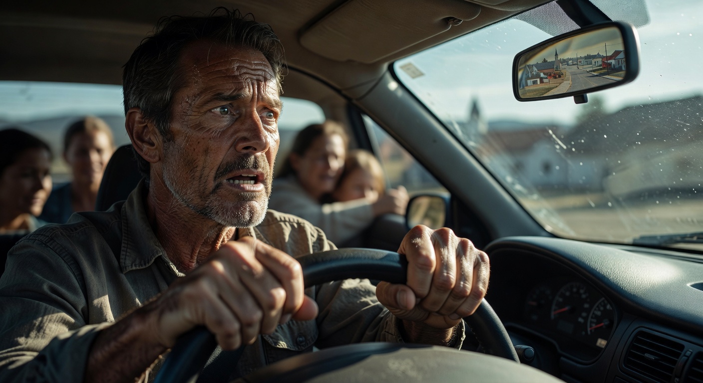 A father's terrified grip on the steering wheel as he flees from an unseen danger