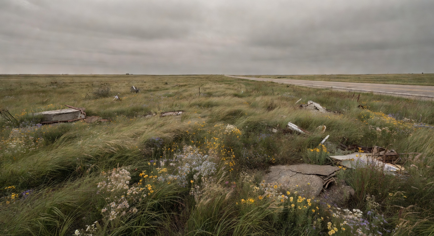 An empty lot overgrown with grass where a sinister diner once trapped travelers