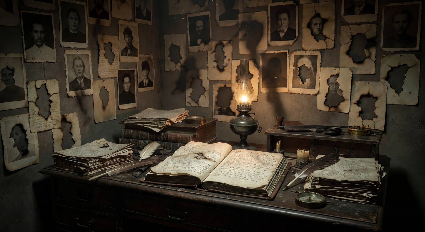 A study with defaced photographs covering the walls and an open ledger on a desk