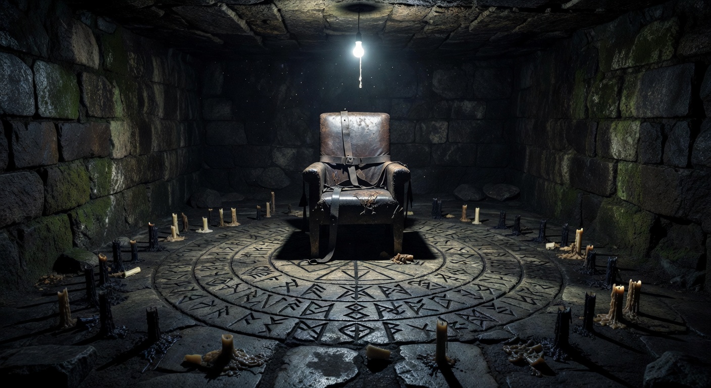 Underground ritual chamber with carved circle and restraint chair