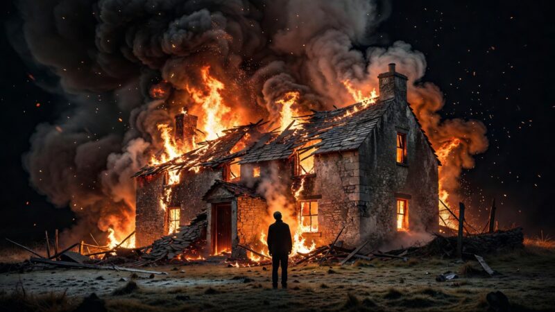 A cottage burning down at night with a figure watching from the garden