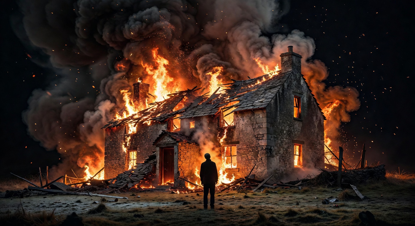 A cottage burning down at night with a figure watching from the garden