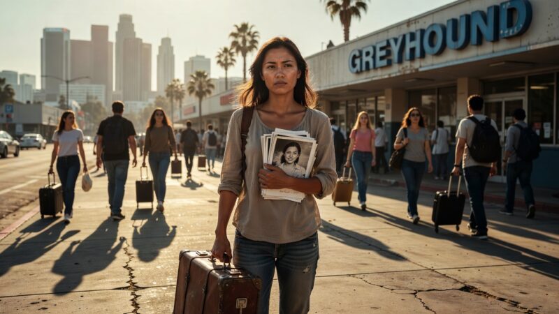 A young woman with luggage and headshots standing outside a bus station in Los Angeles