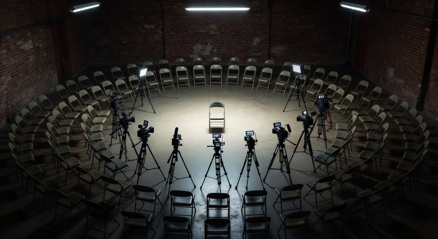 A circle of chairs in a warehouse with recording equipment focused on the center chair