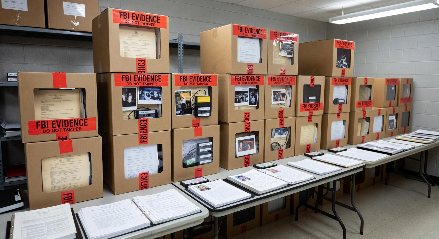 FBI evidence boxes and case files organized in a government office