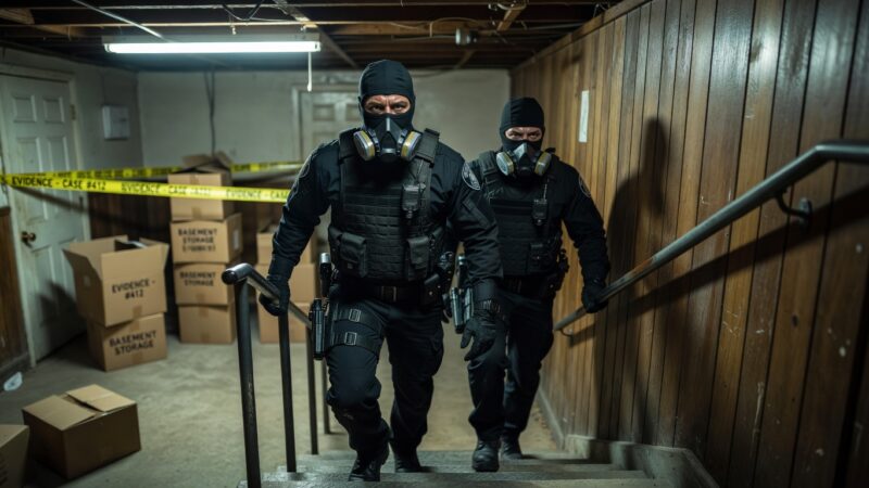Police investigators emerging from a basement crime scene during evidence collection