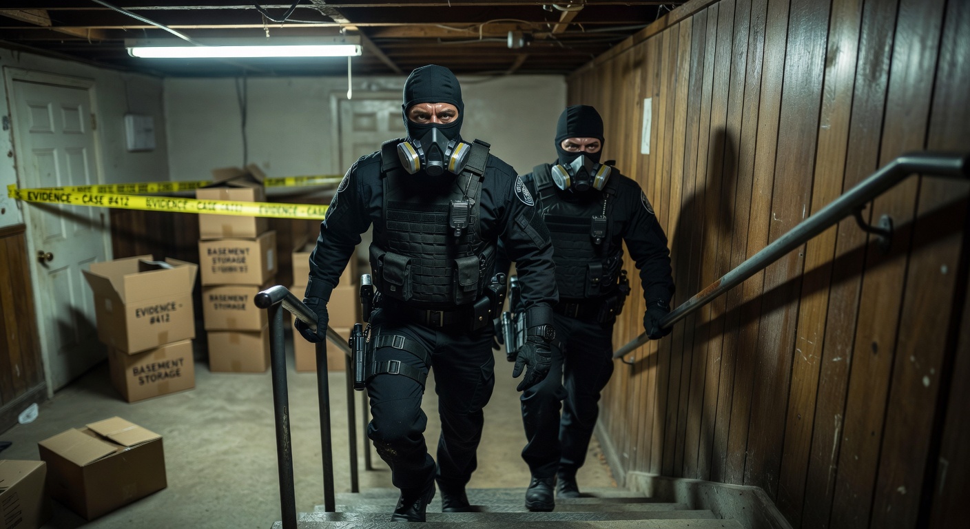 Police investigators emerging from a basement crime scene during evidence collection