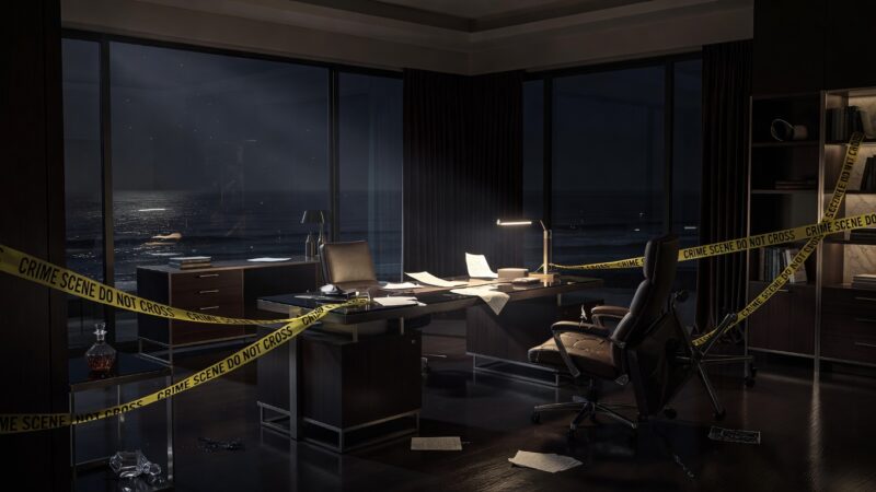 Upscale home office crime scene with scattered papers and police tape