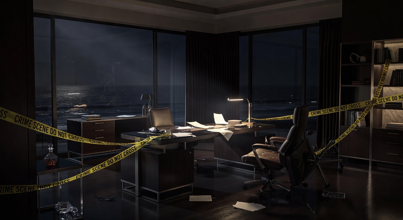 Upscale home office crime scene with scattered papers and police tape