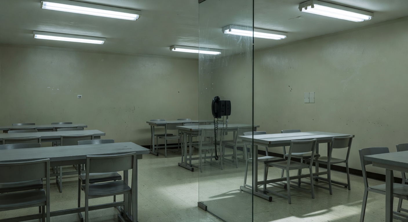 Sterile prison visiting room with security glass and metal furniture