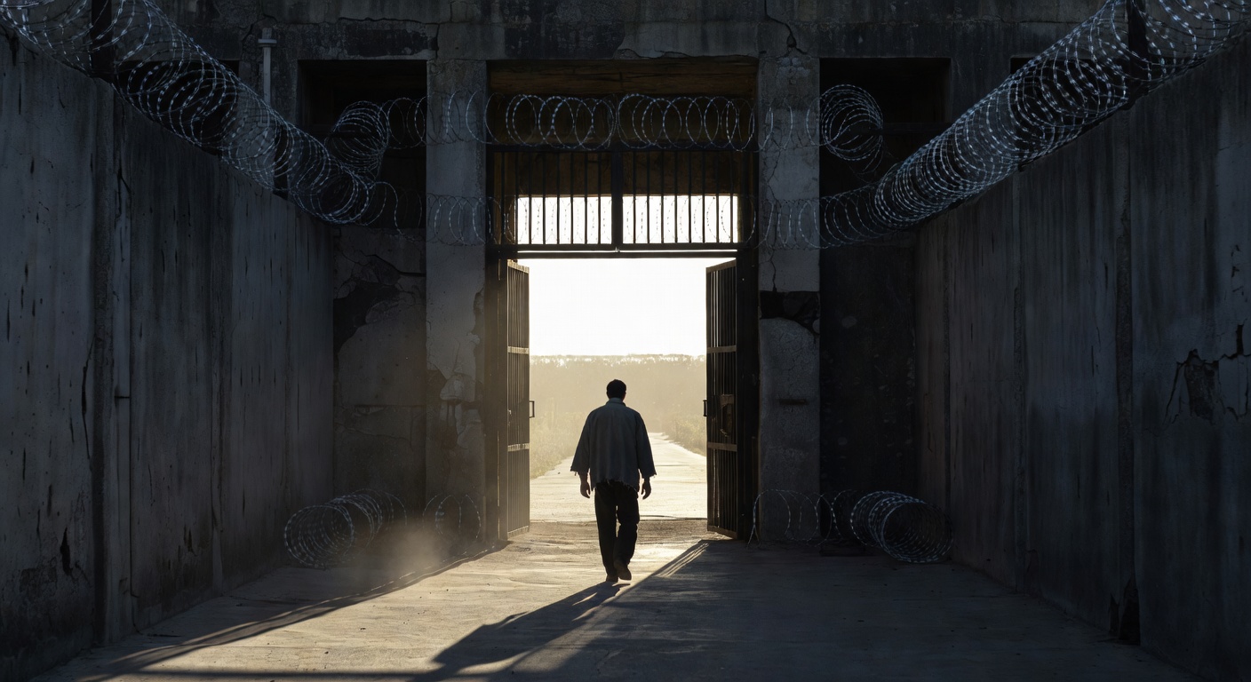 Silhouette of man walking through prison gates toward bright sunlight