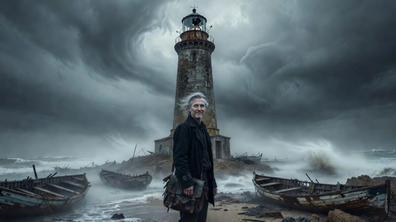 A mysterious man with silver hair standing before an abandoned lighthouse on a rocky coastline with broken fishing boats