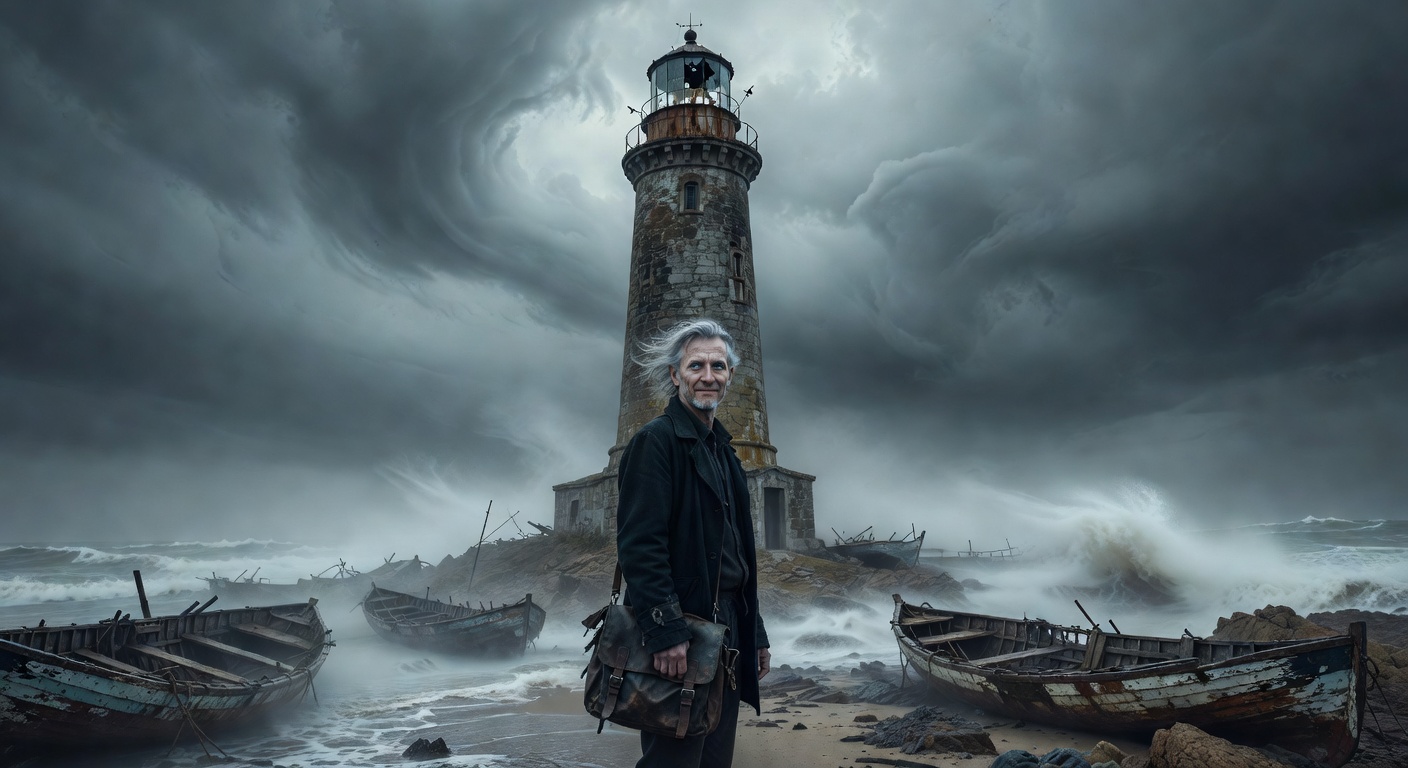 A mysterious man with silver hair standing before an abandoned lighthouse on a rocky coastline with broken fishing boats