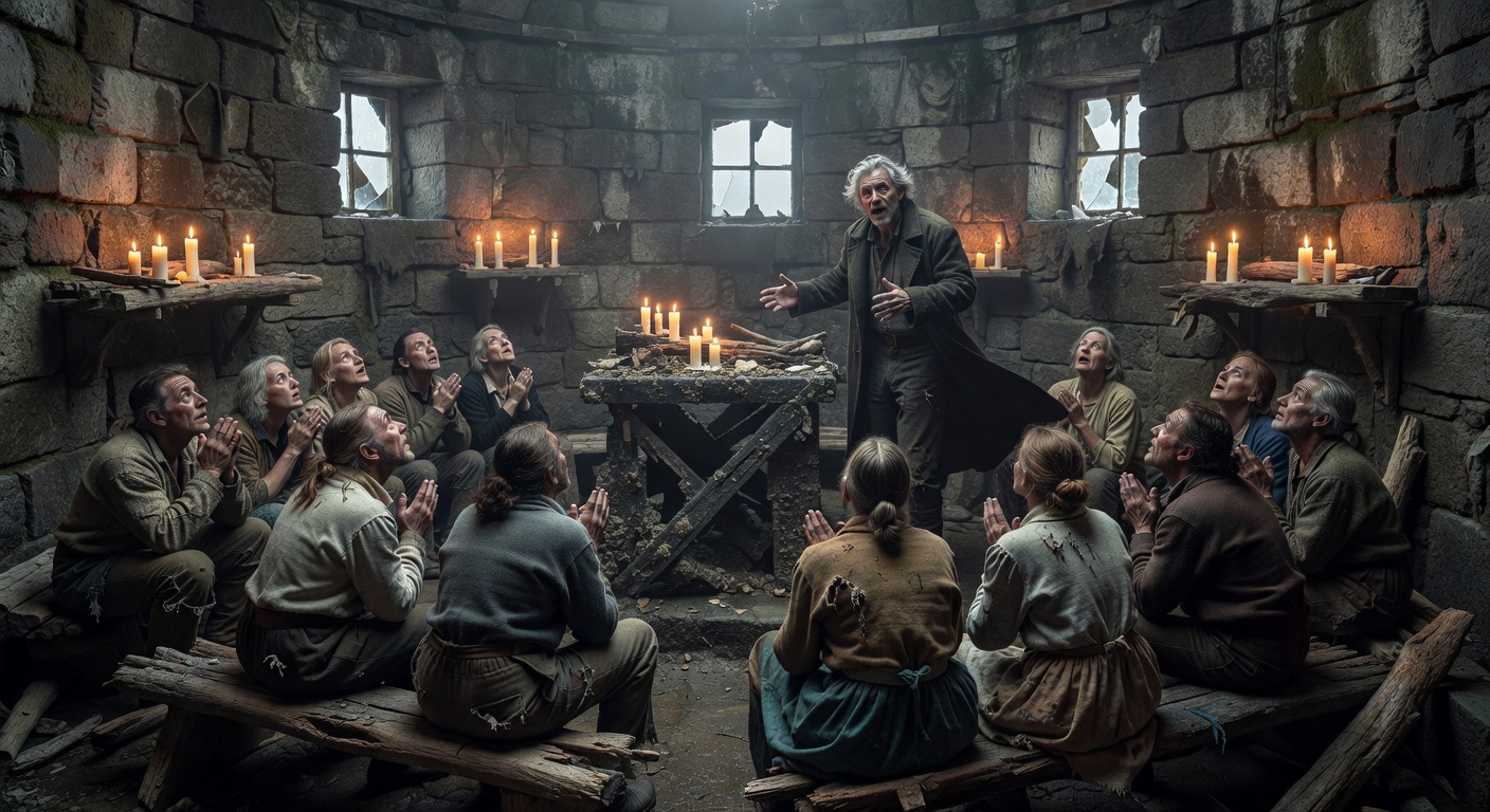 Adults gathered in a lighthouse chamber listening to a preacher by candlelight