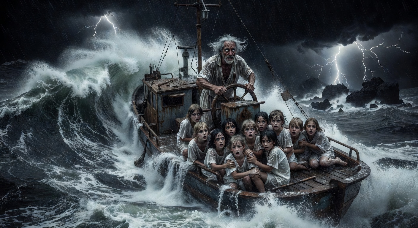 A boat in a violent storm with frightened children and a man at the wheel