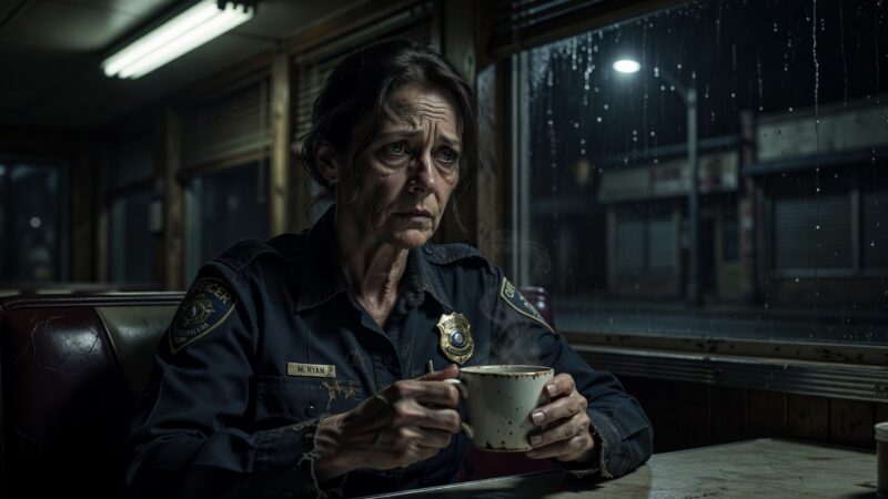 Female police officer looking exhausted in a diner booth holding a coffee cup