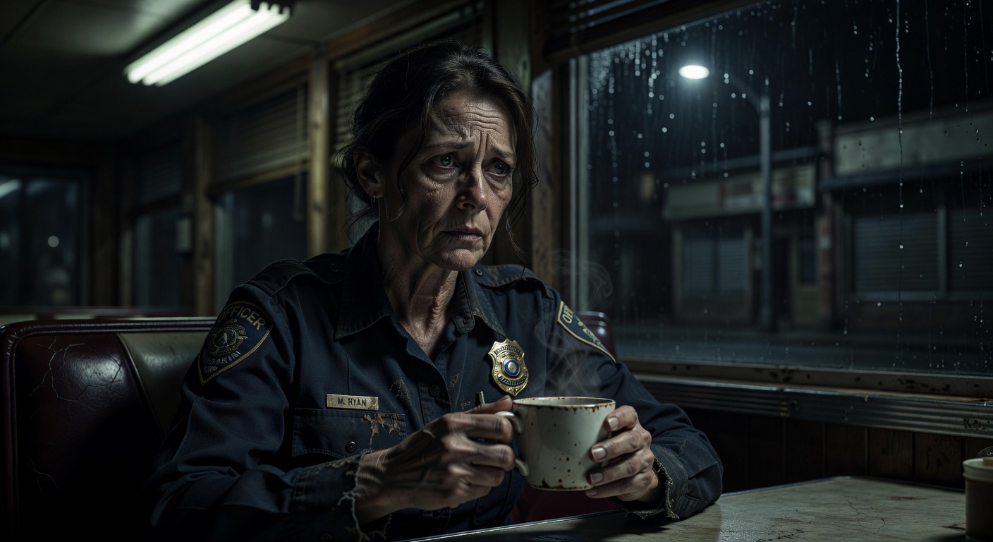 Female police officer looking exhausted in a diner booth holding a coffee cup