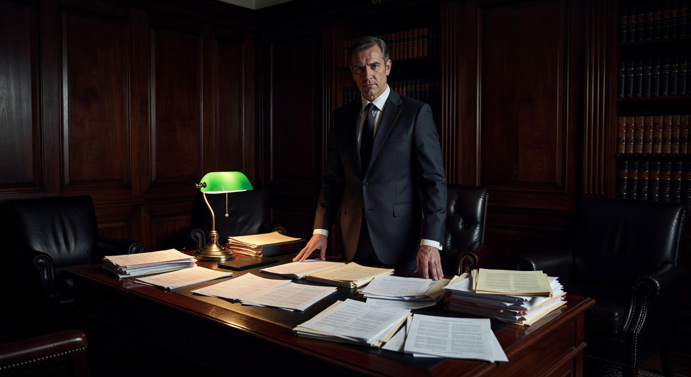 Well-dressed man in shadows behind an executive desk covered with legal documents