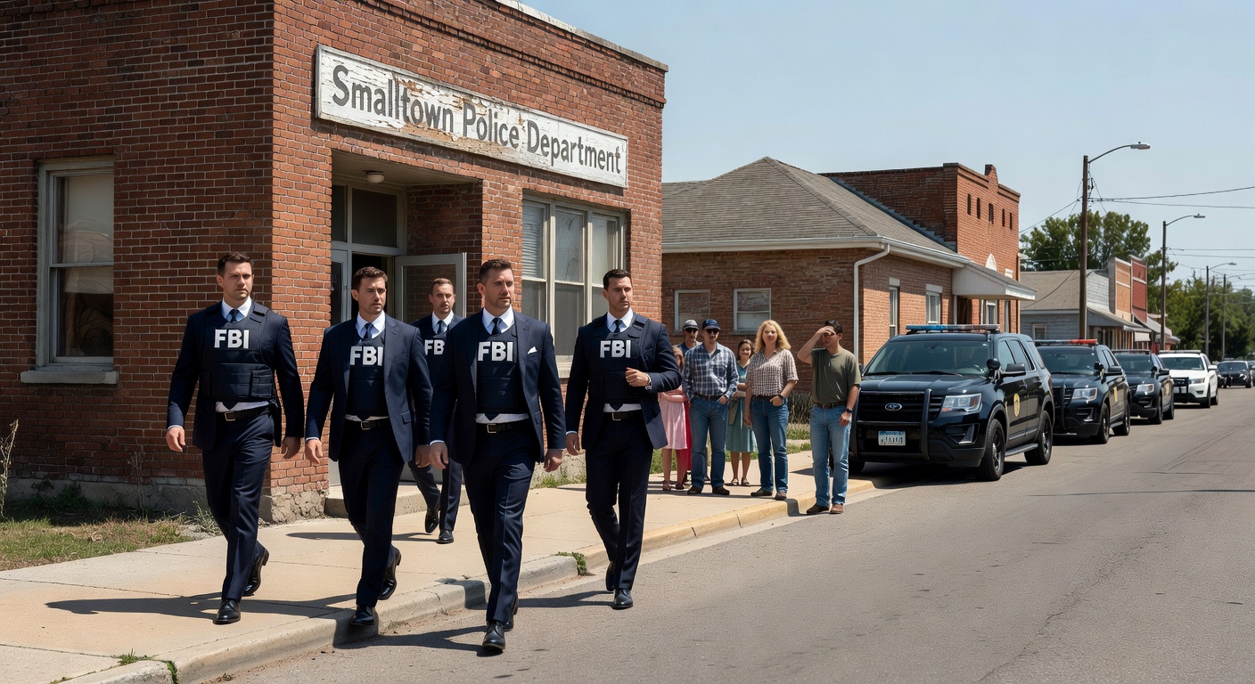 FBI agents entering a small-town police station while townspeople watch from across the street