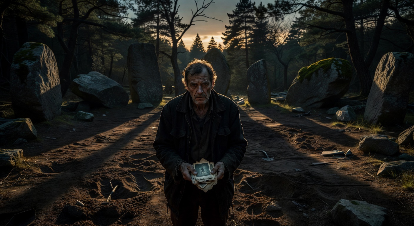 Man holding old photographs in a forest clearing at sunset