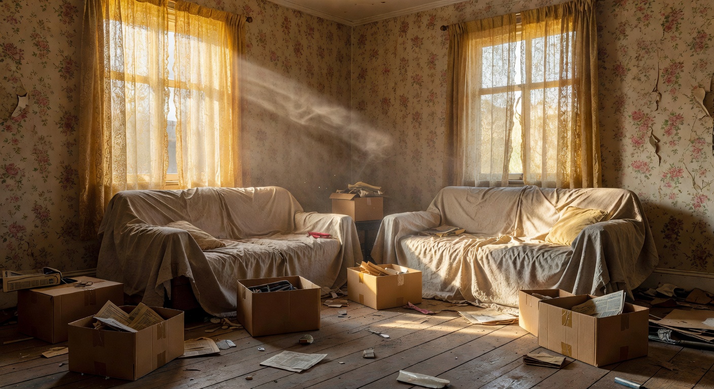Dusty interior of an old British house with sunlight streaming through curtains