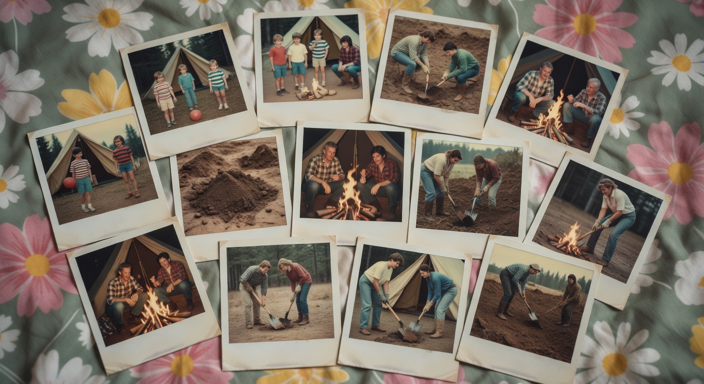 Old Polaroid photographs of a family camping trip scattered on a bed