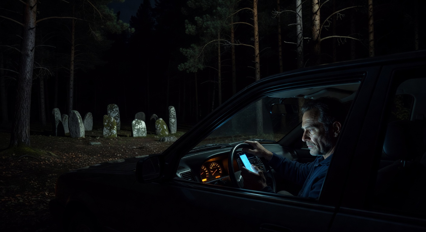 Man in car at night looking at phone screen with dark forest beyond