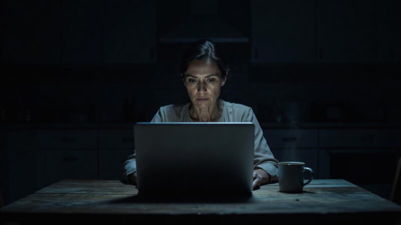 Woman alone at night using laptop in dark kitchen