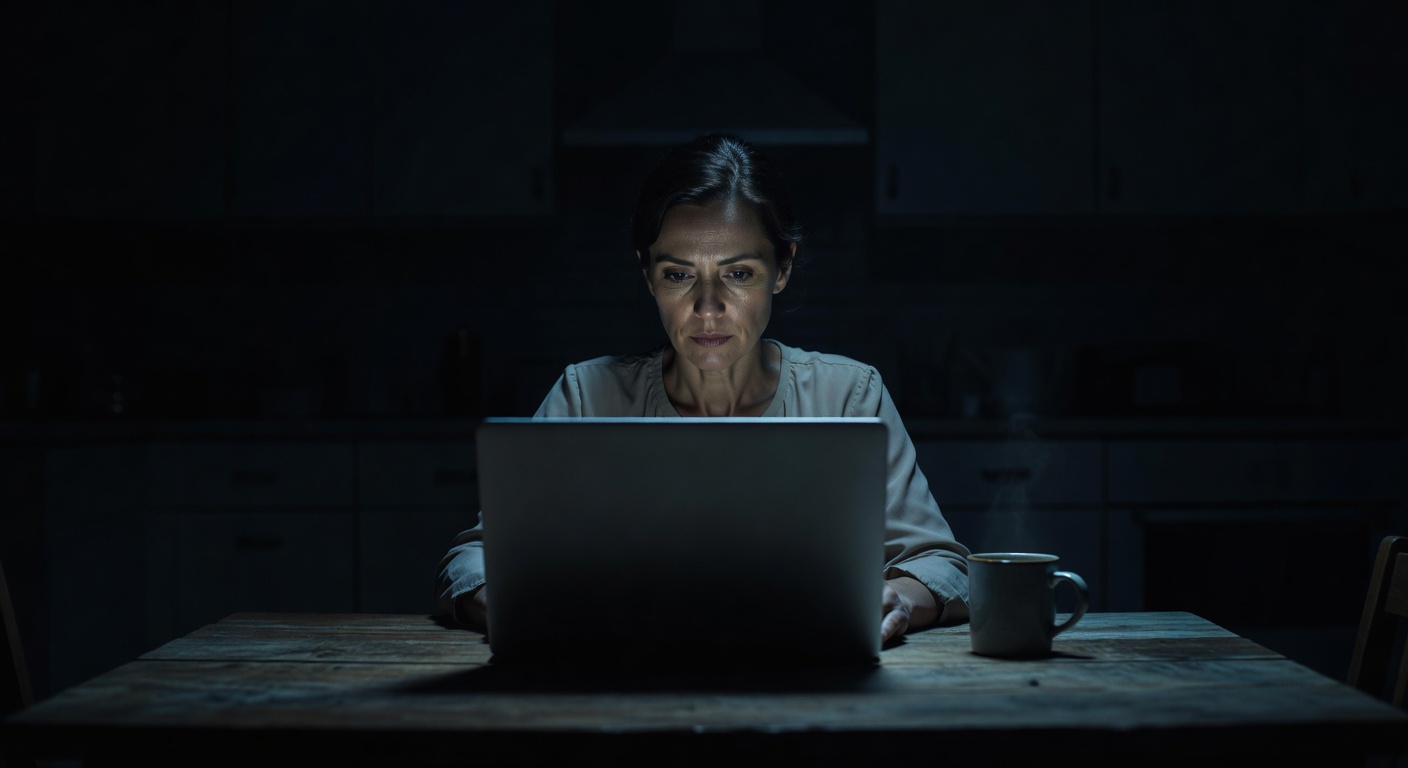 Woman alone at night using laptop in dark kitchen