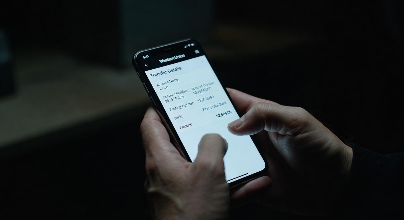 Hands holding phone showing money transfer app interface