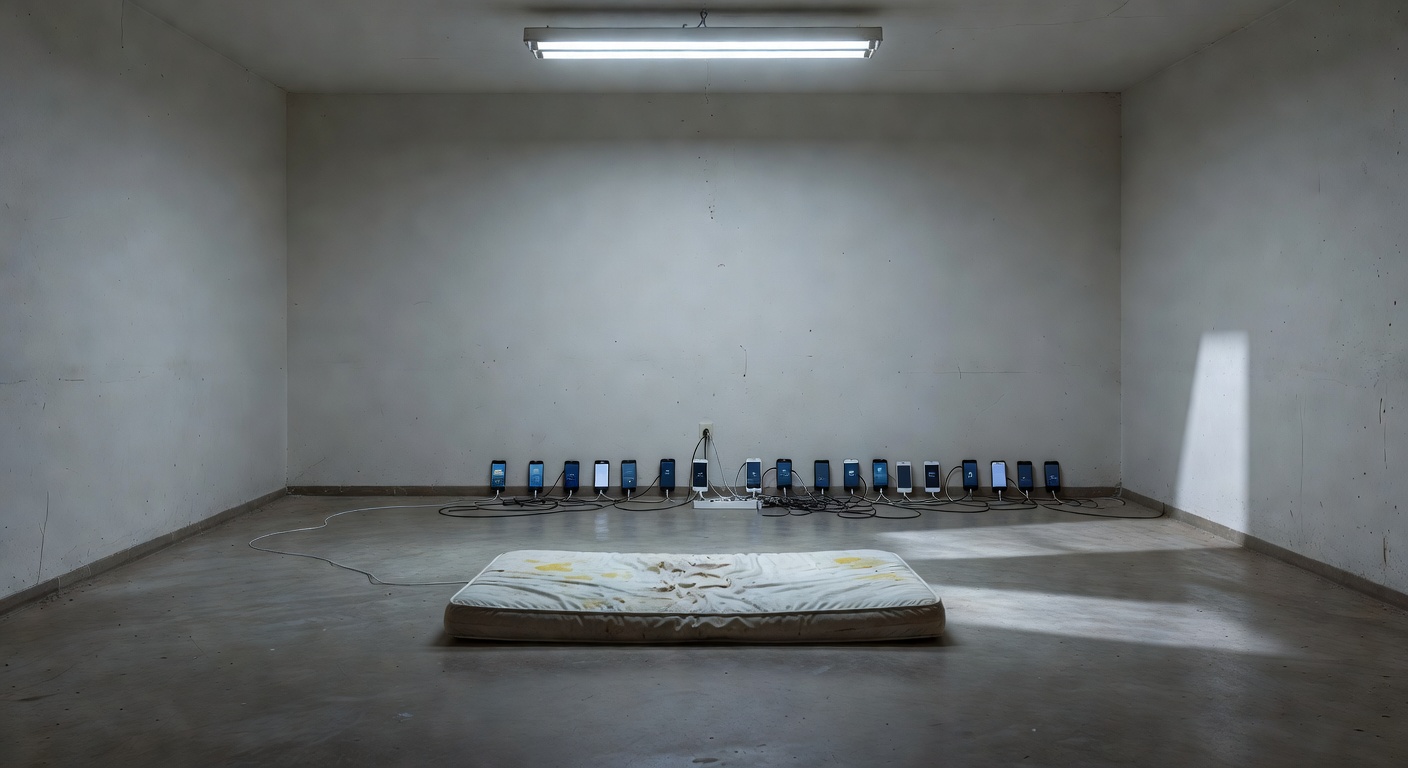 Sparse apartment with mattress and phones charging along wall