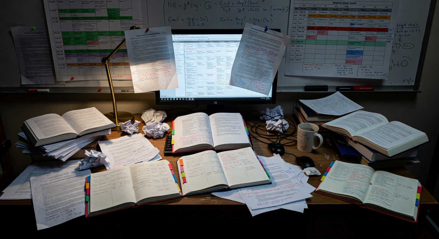 Professor's desk covered with detailed schedules and academic materials